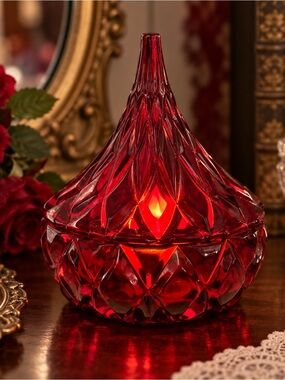 Vintage Red Glass Hershey Kiss Shape Candy Dish w/ Lid Styled as Fairy Lamp